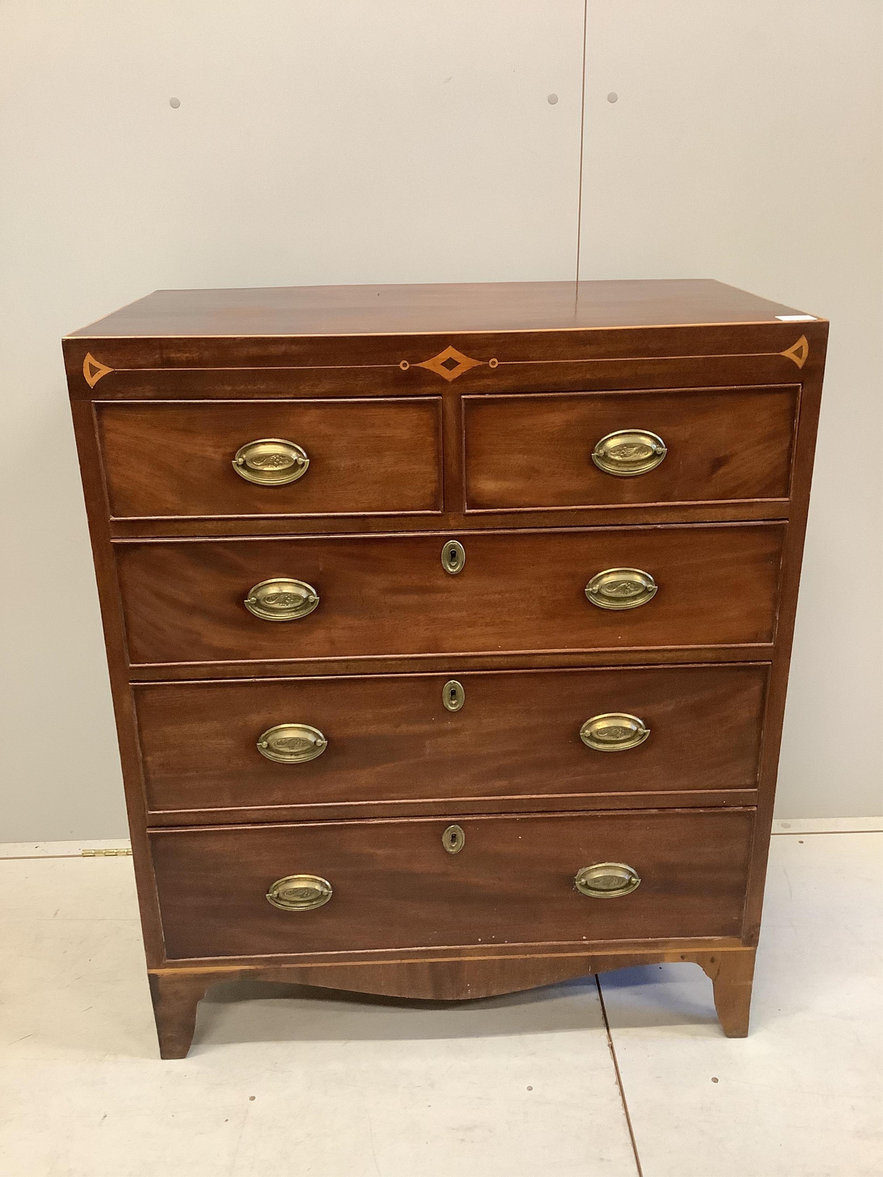 A Regency inlaid mahogany chest, width 87cm, depth 50cm, height 106cm. Condition - fair, top slightly faded, spot and ring marked.